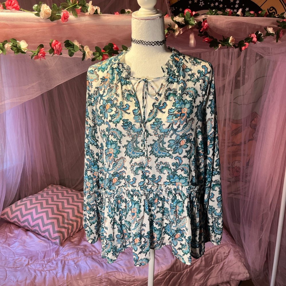 LOFT Keyhole Bow Tie Floral Flowy Patterned Blouse